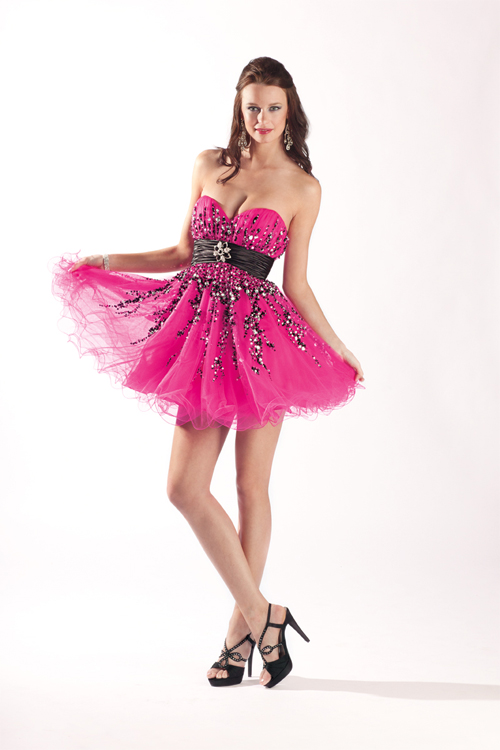 Hot Pink A Line Mini Length Sweetheart Empire Tulle Sexy Dresses With Black And White Embellishments