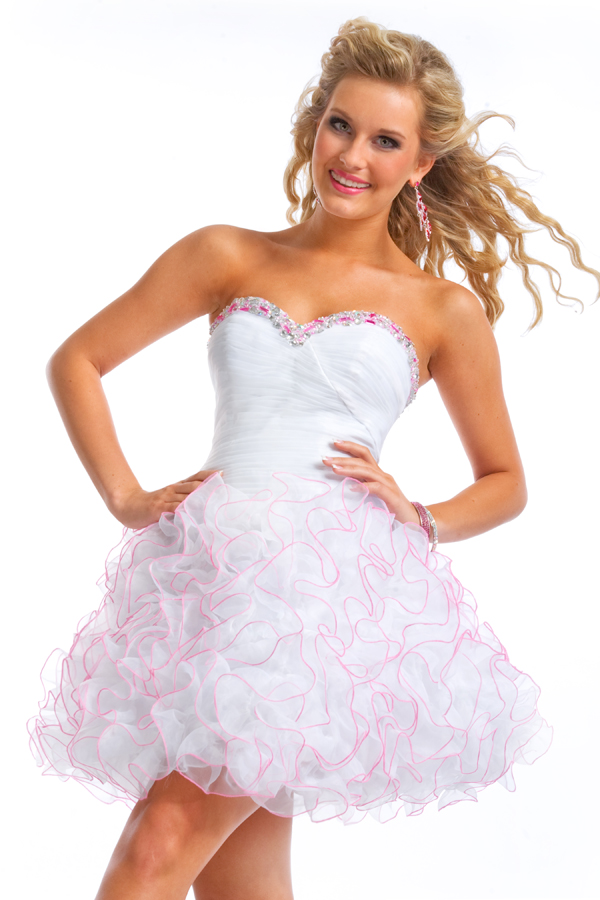 White Ball Gown Short Mini Strapless Sweetheart Sexy Dresses With Beads And Pink Trimmed Ruffles