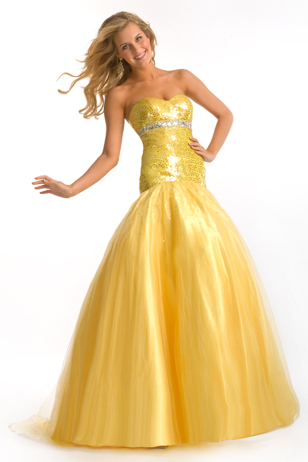 Yellow Mermaid Sweetheart Strapless Sweep Train Floor Length Sexy Dresses With Sequins