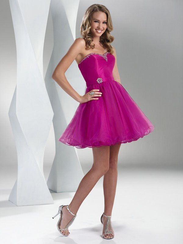 Fuchsia A Line Strapless Sweetheart Lace Up Ruffles Short Mini Tulle Cocktail Dresses