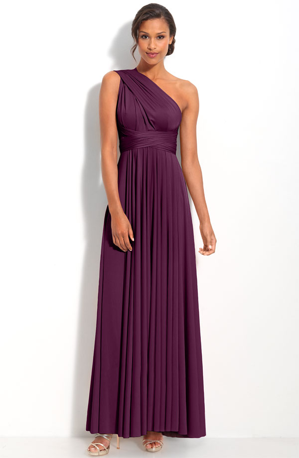 Grape Column One Shoulder Open Back Ankle Length Pleated Prom Dresses