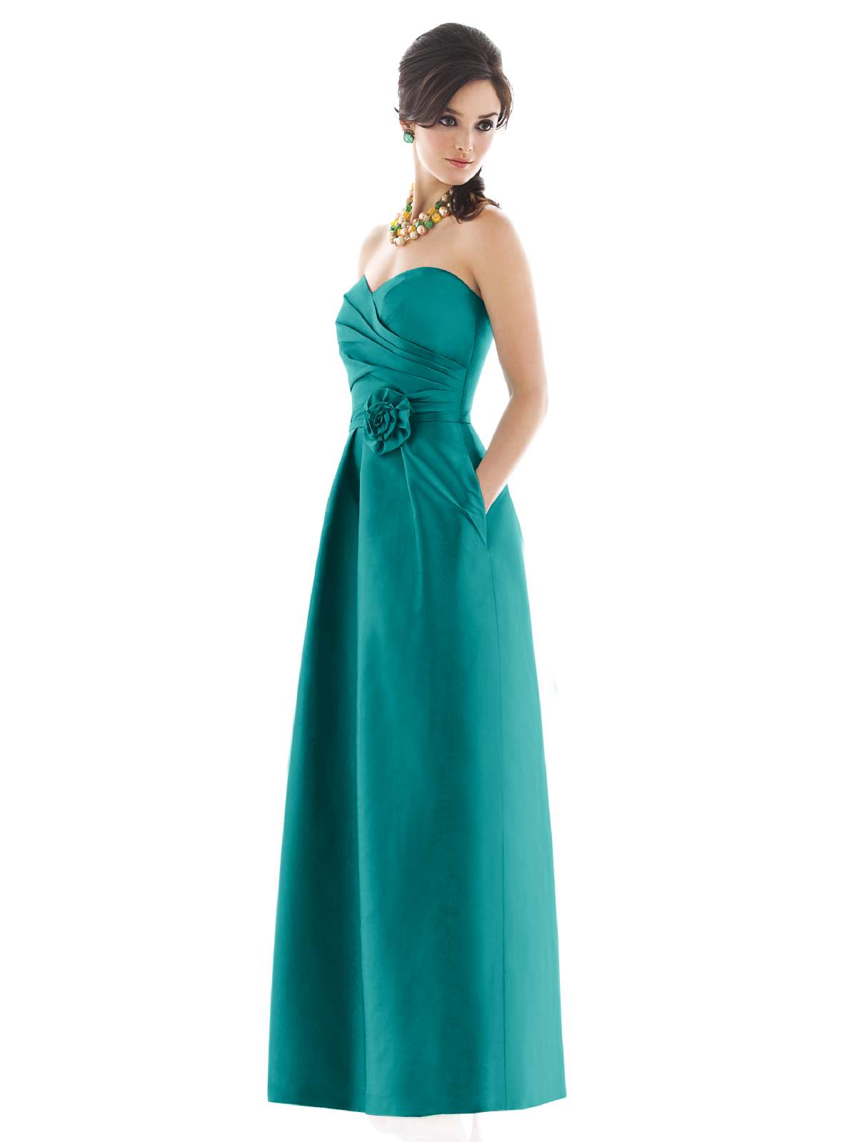 Teal A Line Strapless Sweetheart Zipper Floor Length Satin Prom Dresses With Drapes And Flowers 