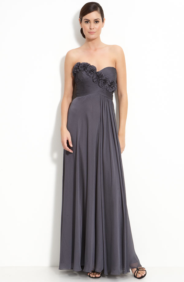 Dark Grey Empire Strapless Sweetheart Zipper Ankle Length Chiffon Prom Dresses With Rosette And Ruffles 