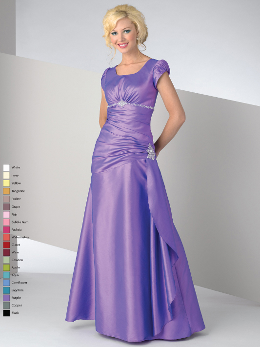 Lavender Square Neck Short Sleeve Zipper Full Length A Line Mother Of Bride Dresses With Beadings And Pleats