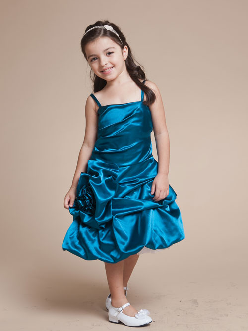 Teal Spaghetti Straps Zipper Tea Length A Line Flower Girl Dresses With Flowers And Twist Drapes