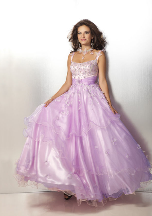 A Line Bateau Neckline Butterfly Beaded Lilac Tulle Ball Gown 