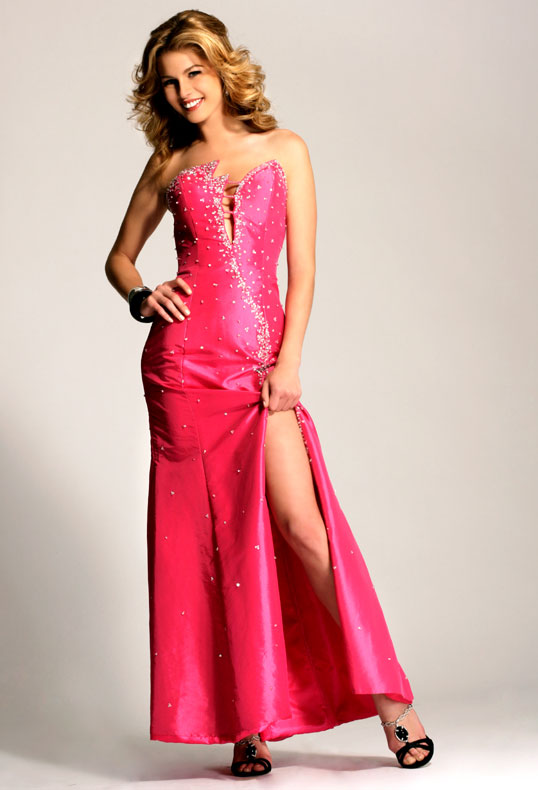 Red Strapless High Slit Ankle Length Sheath Prom Dresses With Sequins