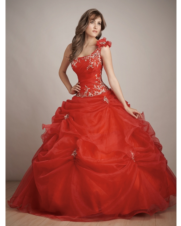 Red Ball Gown One Shoulder Floor Length Ball Gown Tulle Quinceanera Dresses With White Embroidery