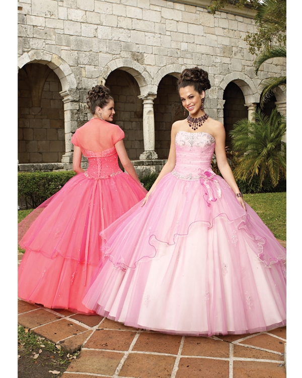 Lovely Pink Ball Gown Strapless Floor Length Tulle Quinceanera Dresses With Beadings