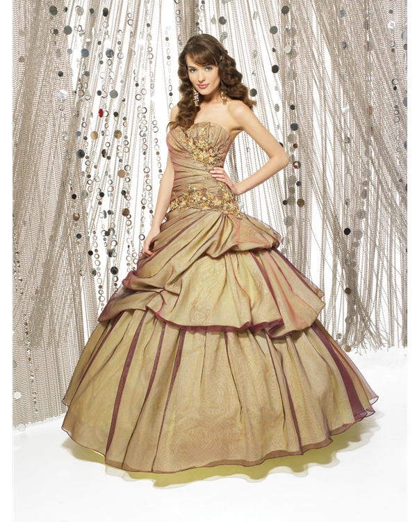 Glamorous Champagne Ball Gown Strapless Full Length Quinceanera Dresses With Appliques And Drapes