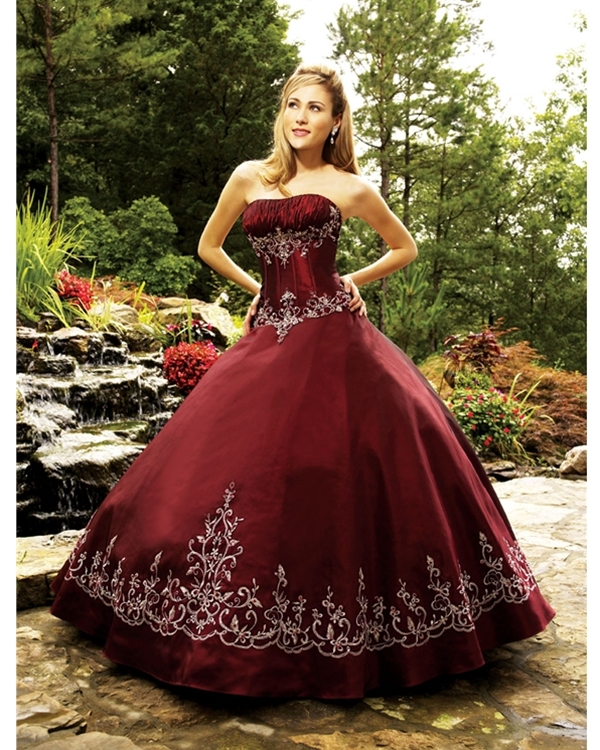 Ball Gown Strapless Floor Length Burgundy Quinceanera Dresses With White Embroidery