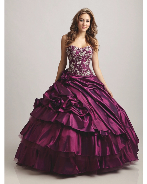 Purple Ball Gown Floor Length Strapless Quineanera Dresses With White Embroidery