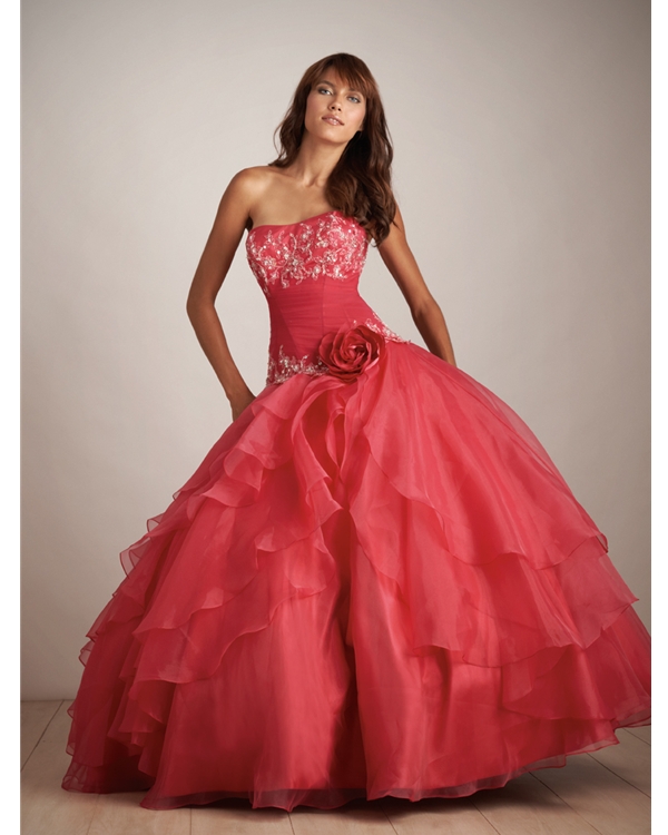 Watermelon Ball Gown Strapless Floor Length Quinceanera Dresses With Hand Made Flower And Embroidery