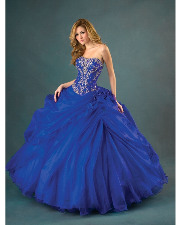 Royal Blue Ball Gown Strapless Full Length Tulle Quinceanera Dresses With Embroidery