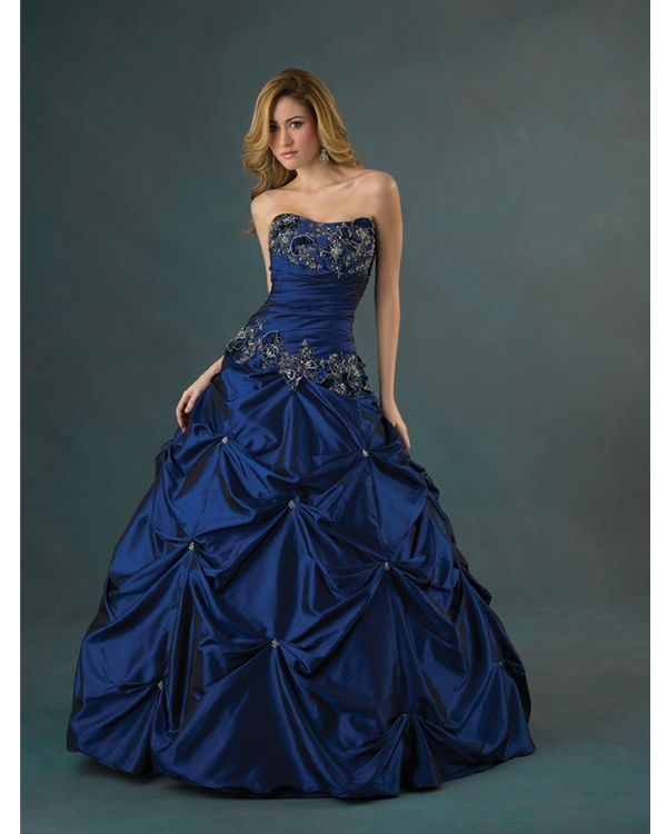 Dark Blue Ball Gown Strapless Draped Floor Length Quinceanera Dresses With Embroidery