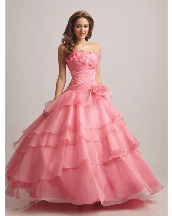 Pink Strapless Ball Gown Floor Length Tiered Quinceanera Dresses With Hand Made Flower