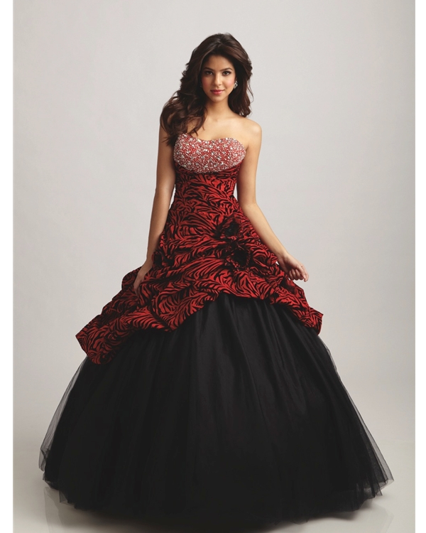 Black And Red Printed Strapless Ball Gown Floor Length Tulle Quinceanera Dresses With Beading
