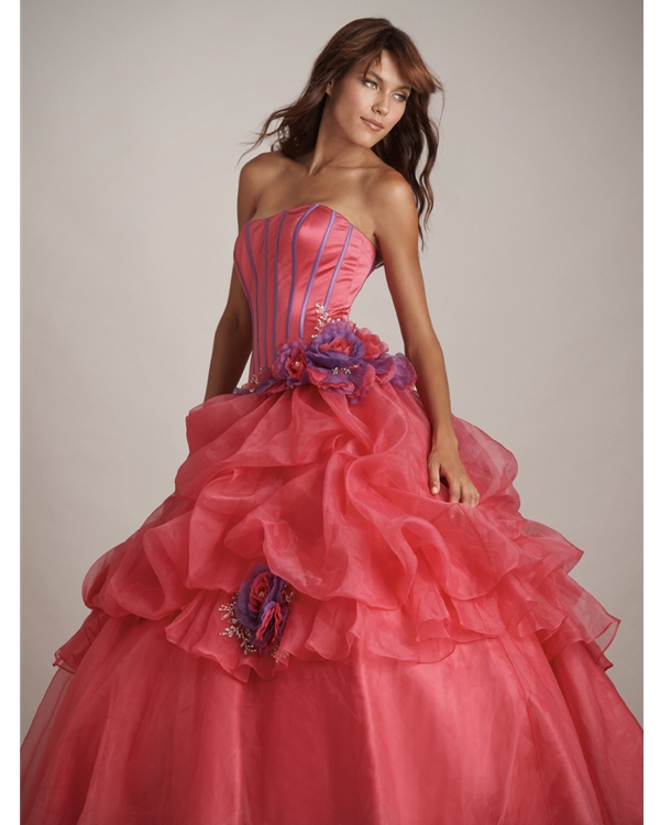 Watermelon Full Length Ball Gown Strapless Quinceanera Dresses With Violet Hand Made Flowers