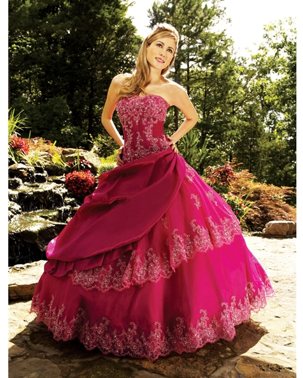Delicate Embroidered Floor Length Ball Gown Strapless Fuchsia Quinceanera Dresses