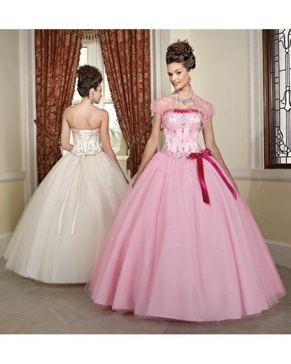 Pink Ball Gown Strapless Full Length Tulle Quinceanera Dresses With Red Sash And Beads