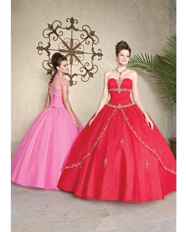 Red Ball Gown Strapless Full Length Tulle Quinceanera Dresses With Beading Embroidery