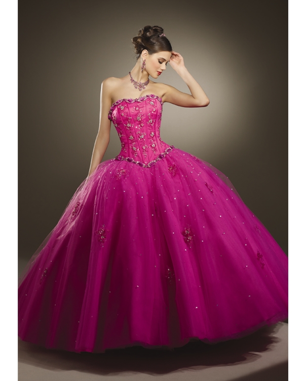 Pink Ball Gown Strapless Floor Length Tulle Quinceanera Dresses With Lace Appliques And Sequins