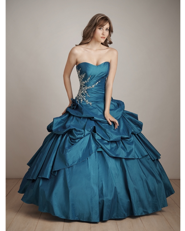 Floor Length Ball Gown Sweatheart Strapless Teal Taffeta Quinceanera Dresses With Embroidery