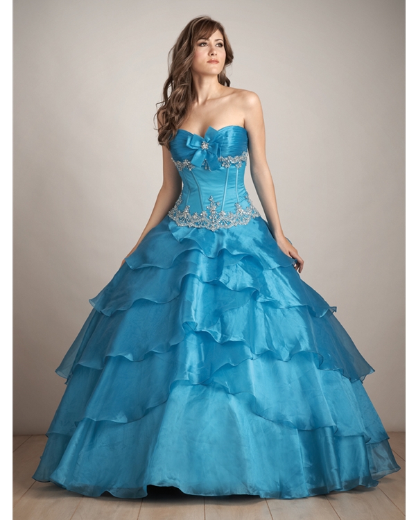 Hot Sale Ball Gown Sweatheart Strapless Floor Length Blue Tiered Quinceanera Dresses With Embroidery