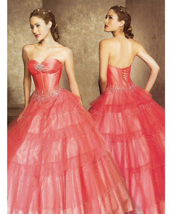 Watermelon Sweatheart Strapless Ball Gown Floor Length Quinceanera Dresses With Beads