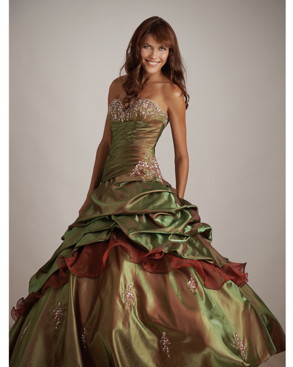 Olive Sweetheart Strapless Lace Up Ball Gown Floor Length Quinceanera Dresses With Appliques And Ruffles