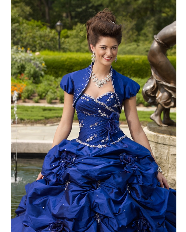 Royal Blue Ball Gown Sweetheart Floor Length Taffeta Quinceanera Dresses With Twist Drapes And Flowers