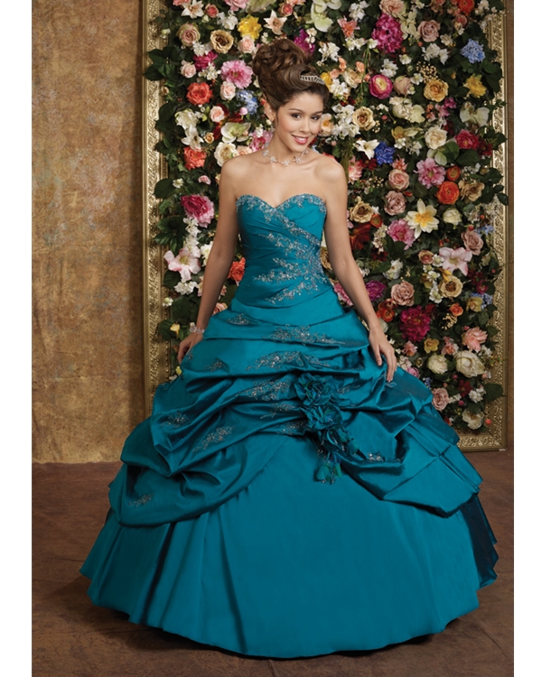 Stunning Teal Sweetheart Ball Gown Floor Length Taffeta Quinceanera Dresses With Appliques And Flowers