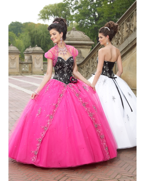 Black And Pink Ball Gown Sweetheart Floor Length Tulle Quinceanera Dresses With Appliques 