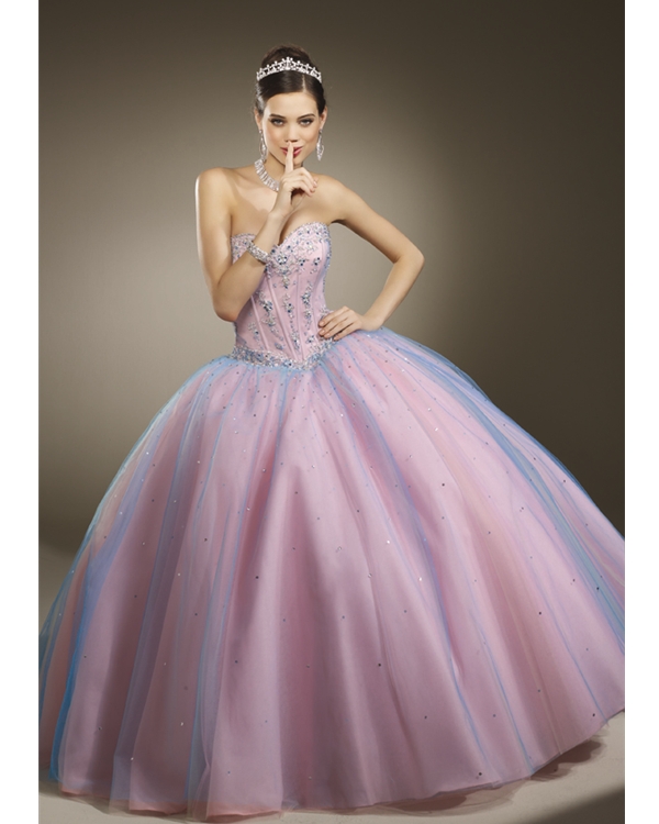 Pink And Turquoise Ball Gown Sweetheart Floor Length Tulle Quinceanera Dresses With Beads 