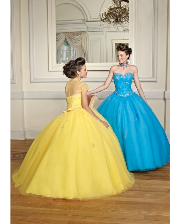 Yellow Ball Gown Sweetheart Strapless Lace Up Floor Length Tulle Quinceanera Dresses With Sequins