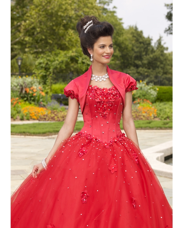 Red Strapless Ball Gown Floor Length Tulle Quinceanera Dresses With Hand Made Flowers And Sequins