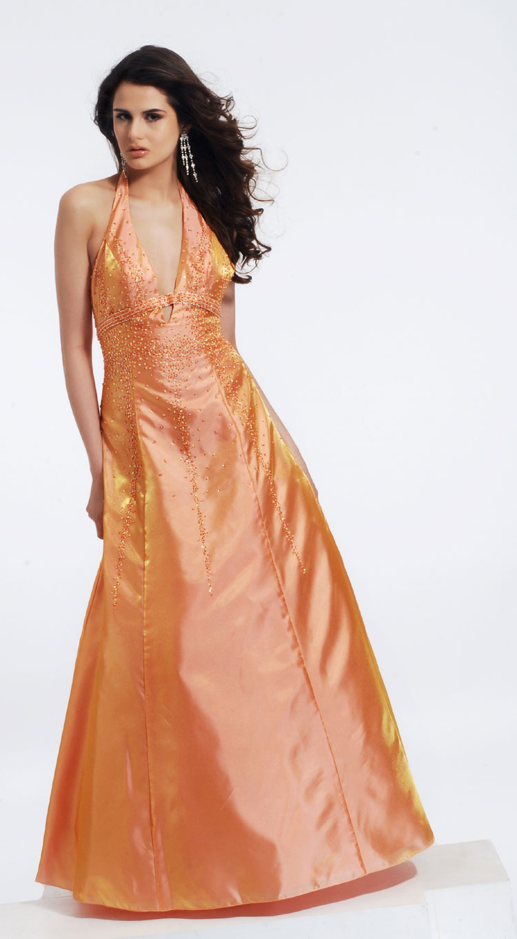 Elegant Apricot Halter And V Neck Open Back Ankle Length A Line Prom Dresses With Beads 