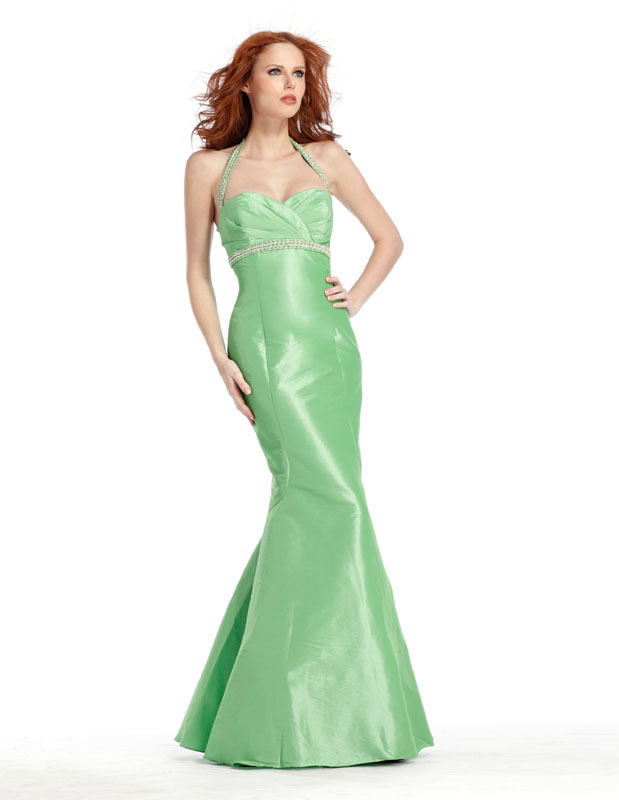 Sage Halter And Sweetheart Mermaid Floor Length Taffeta Prom Dresses With Beading Waist