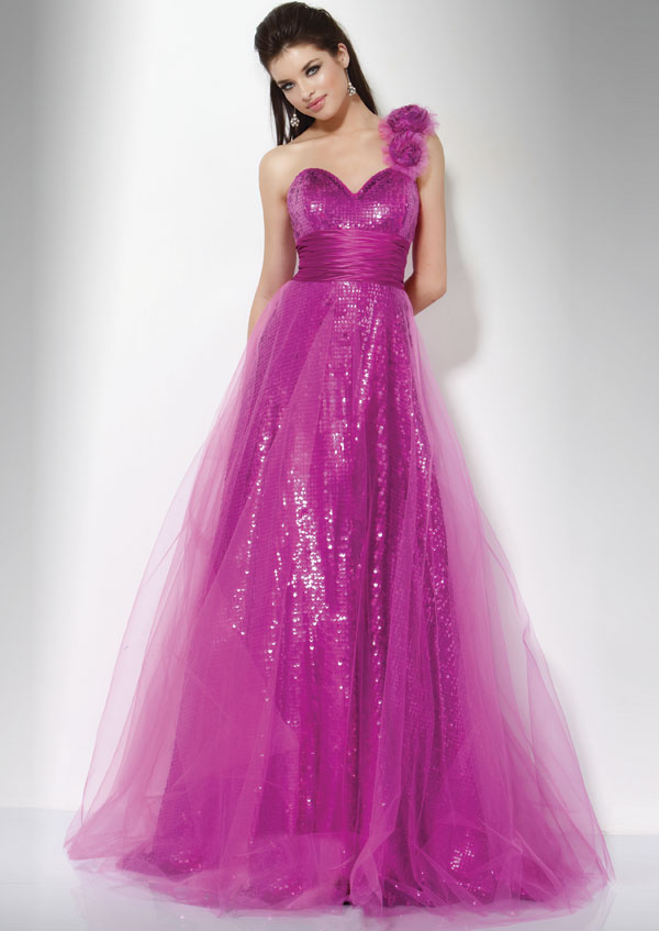Fuchsia One Shoulder Sweetheart A Line Floor Length Tulle Prom Dresses With Sequins