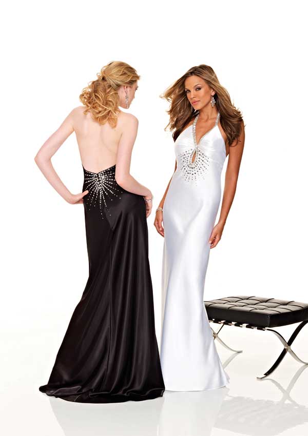 White Halter Backless Sweep Train Floor Length Sheath Satin Prom Dresses With Sequins