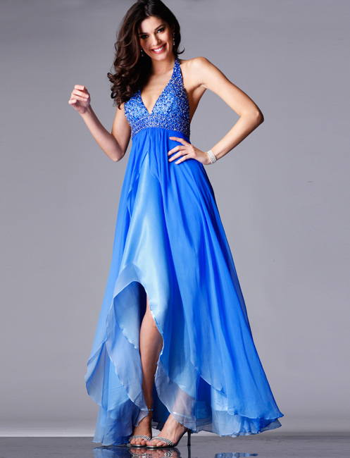 Blue Halter And V Neck Backless Asymmetrical Length A Line Chiffon Prom Dresses With Beads 