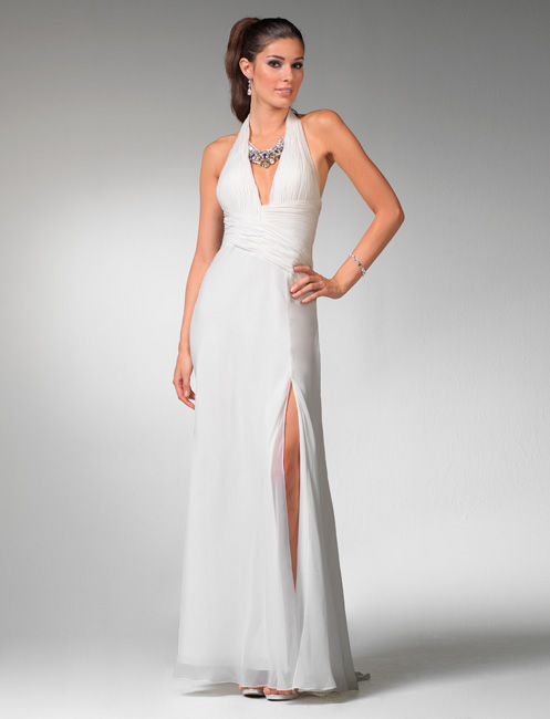 Halter Floor Length Sheath Chiffon Prom Dresses With Asymmetrical Waist And High Slit