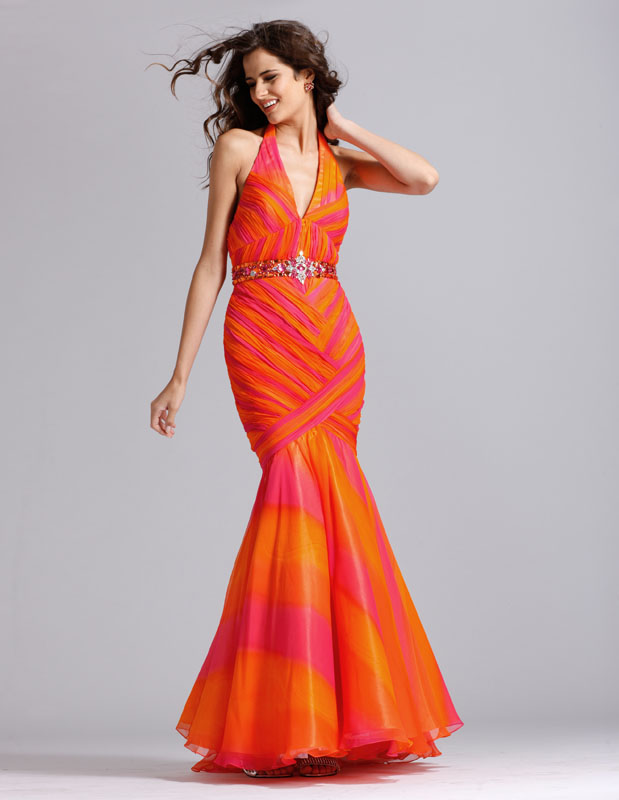 Orange And Fuchsia Halter V Neck Ankle Length Mermaid Prom Dresses With Beading Waist 