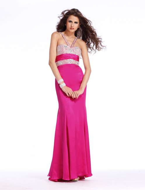 Fuchsia Halter Floor Length Sheath Chiffon Prom Dresses With Sequins