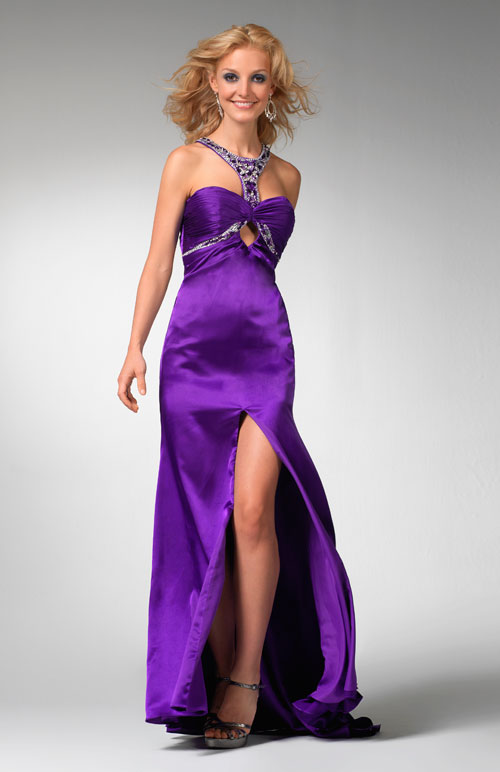 Purple Halter Neck Sweep Train Floor Length Sheath Prom Dresses With Jewel 