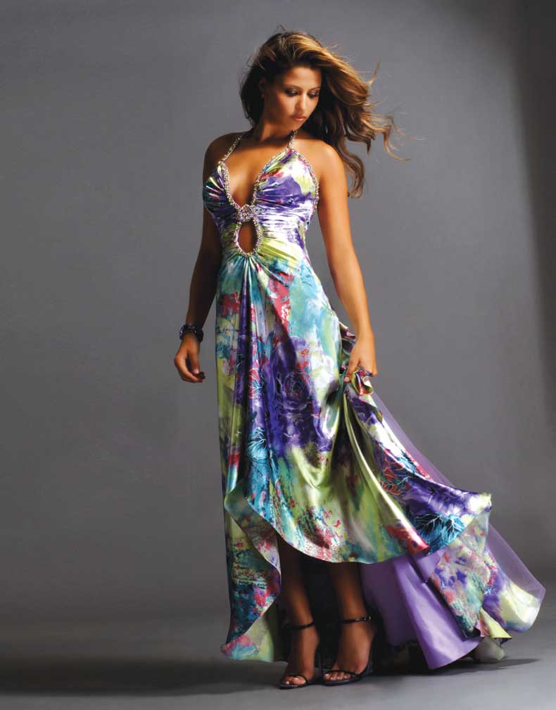 Colorful Printed Halter Neck Backless Sweep Train Asymmetrical Length Prom Dresses With Sequins 