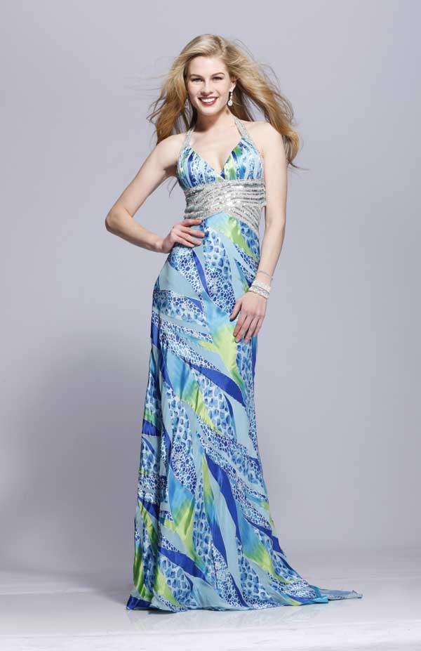 Artistic Printed Halter Neck Open Back Sweep Train Floor Length Sheath Prom Dresses With Sequins 