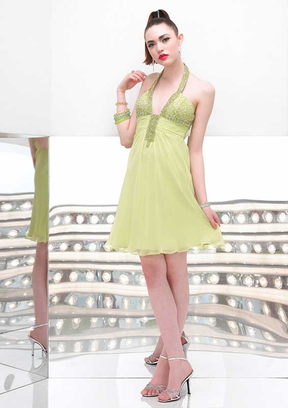 Modern Fashion Sage Halter Knee Length Empire Prom Dresses With Beads 