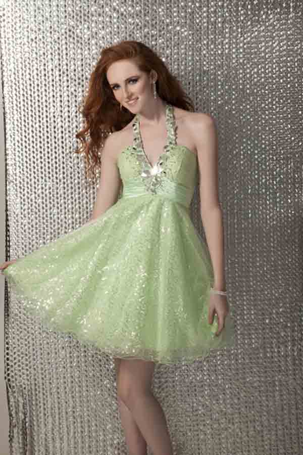 Shiny Sage Halter Empire Short Mini A Line Prom Dresses With Sequins