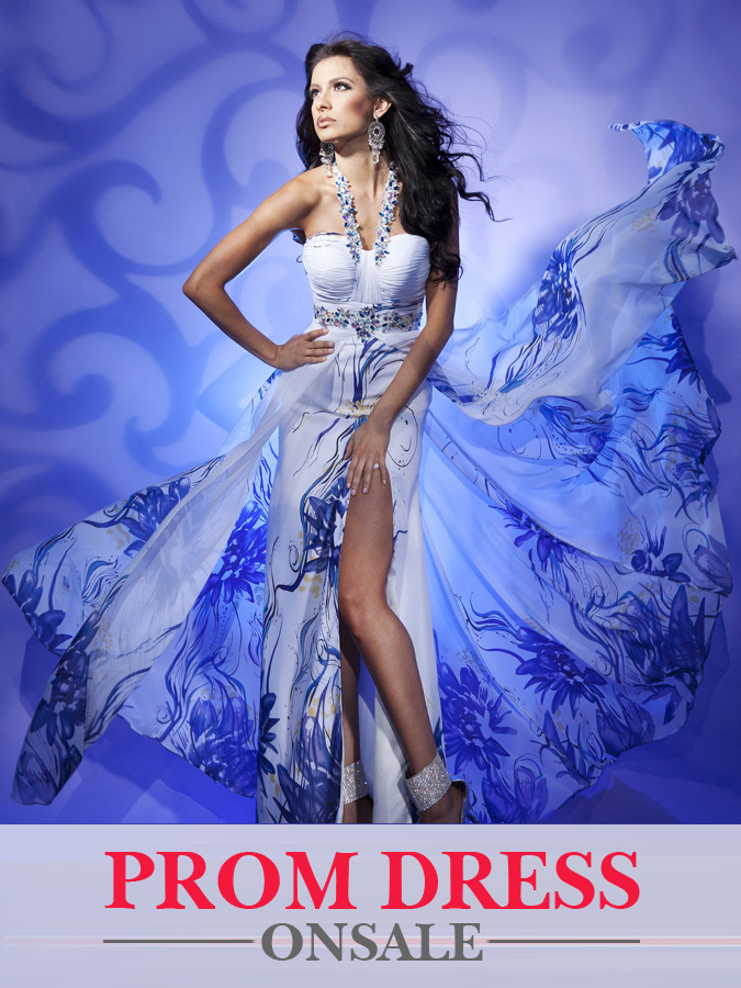 White Halter Side Slit Sexy Floor Length A Line Prom Dresses With Blue Printing 